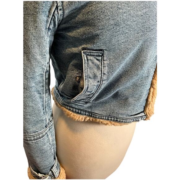 Hollister Faux Fur Lined Denim Jacket Women’s XS Y2K Cropped Tan Sherpa Collar - Picture 6 of 13